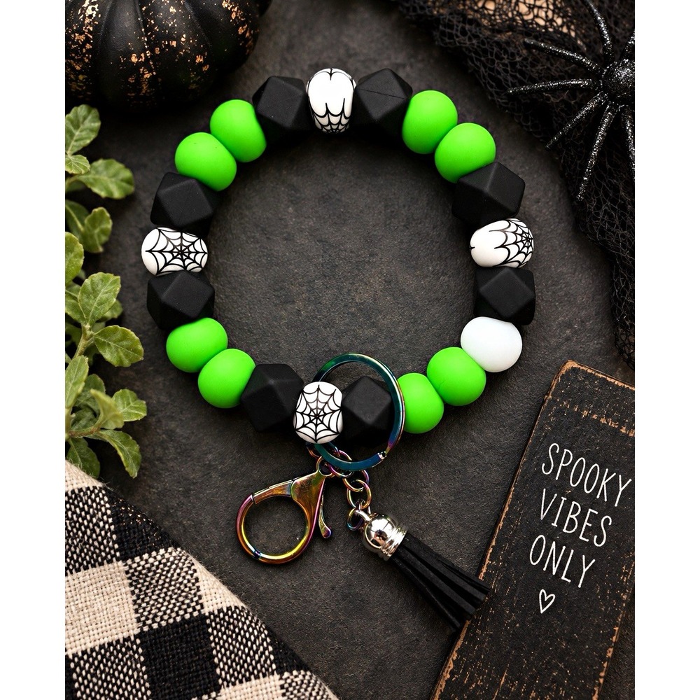 Silicone Bead Halloween Wristlet for keys w/Tassel Black Green Spider Fall